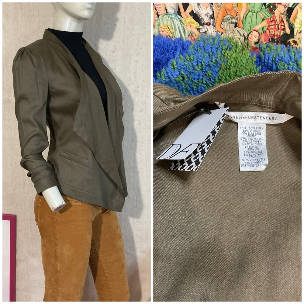 $325 NWT DVF Blynn Draped Open Front Linen Blazer Jacket Olive